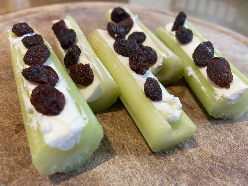 Celery, cream cheese, raisins