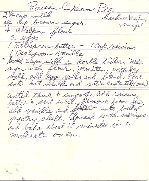 Raisin Cream Pie Recipe Cards